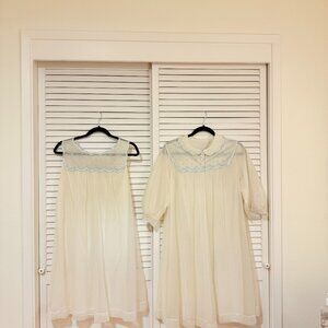 Vintage Cream Nightgown & Robe Set with Blue Floral Embroidery – Sweet & Feminin